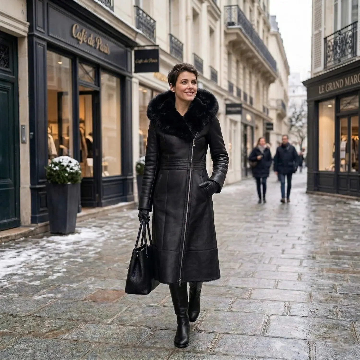 Women’s Genuine Black Luxury Sheepskin Shearling Leather Long Coat with Fox Fur Hood – (Kathy-Black)
