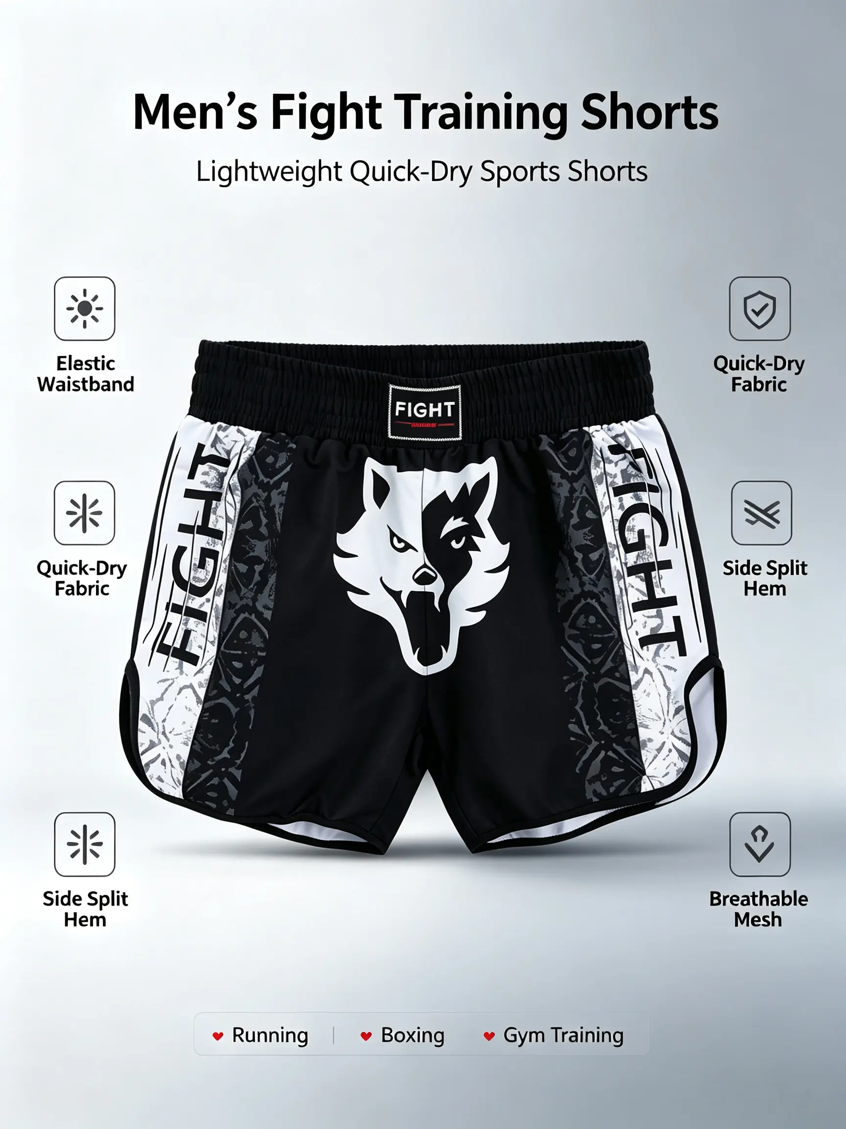 Men’s tribal totem print shorts with a wide elastic waistband, breathable polyester fabric, side slits at the hem—ideal for mixed martial arts, free sparring, training, and fitness activities.