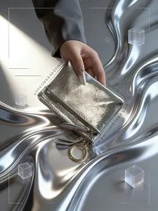 Women's Metallic Silver Coin Purse - Mini Zip Pouch with Keychain, Y2K Style Card Holder for Coins & Cards