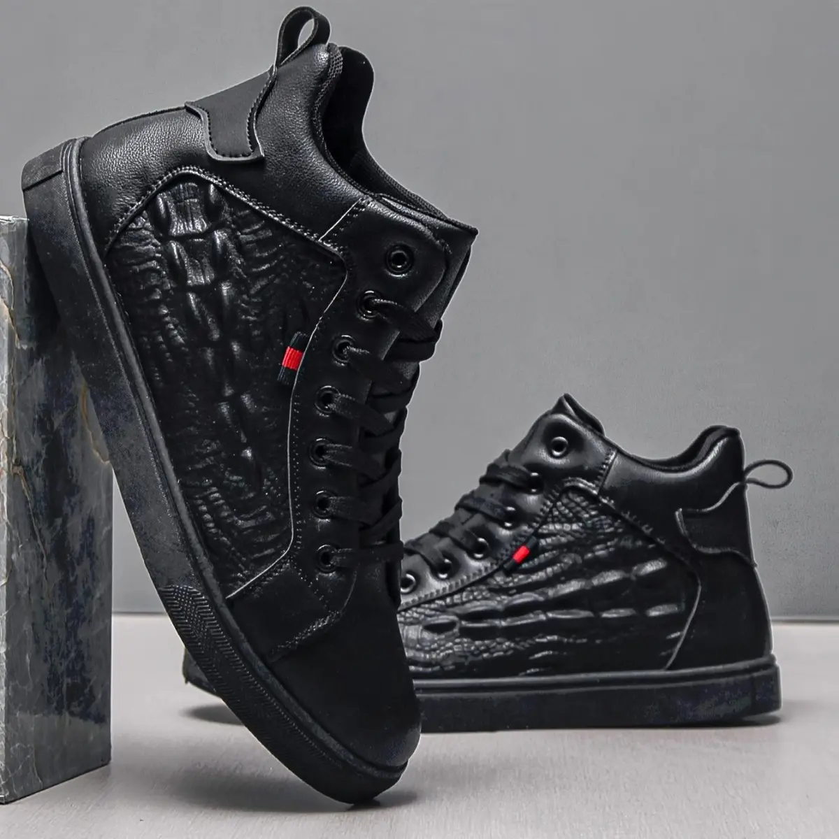 Men's Sleek Black High-Top Skate Shoes - Breathable Faux Leather, Durable Non-Slip Sole, Lace-Up Casual Athletic Sneakers with Red Accents for Students & Casual Attire