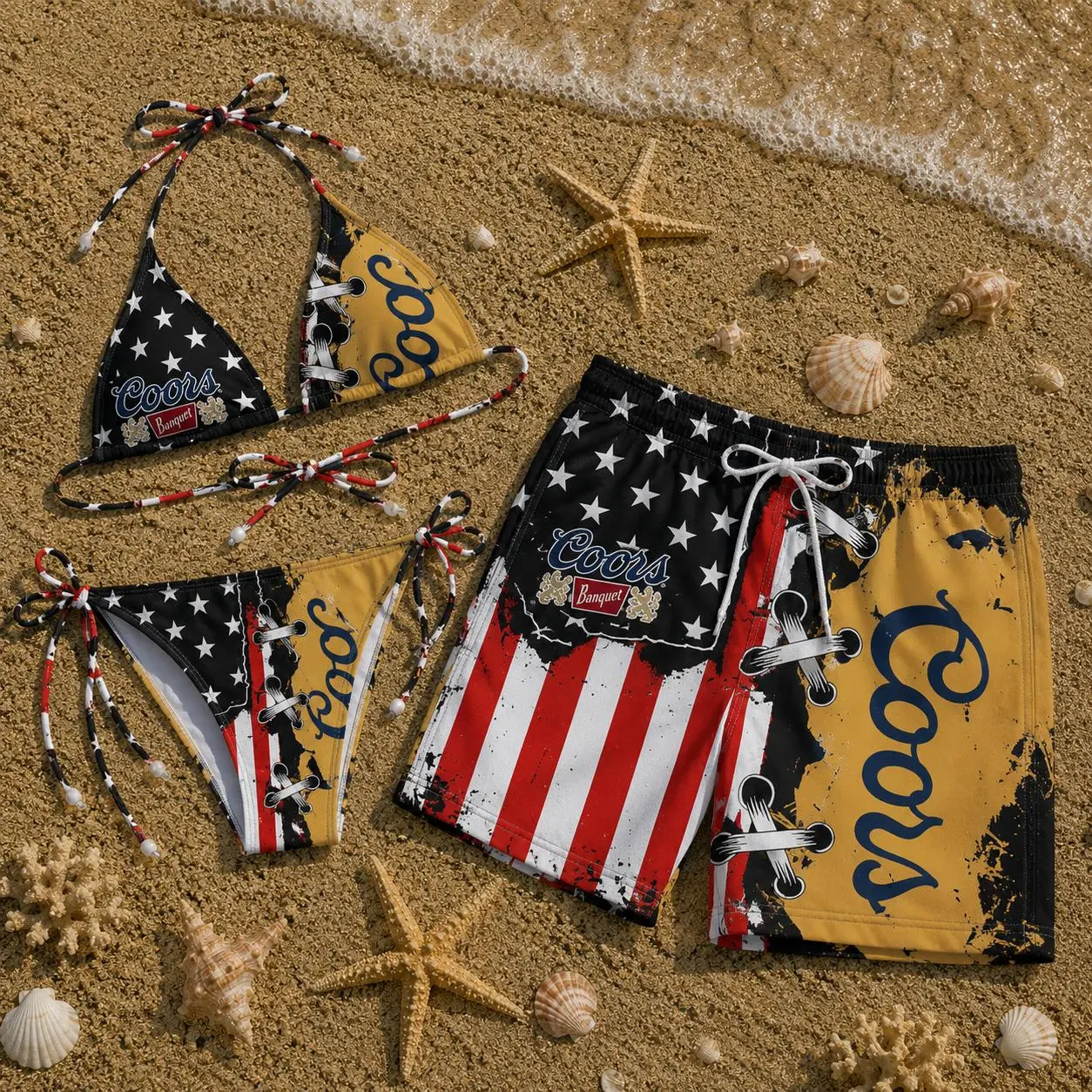 Coors Banquet Patriotic Couple Swimsuit Set – American Flag Bikini and Men’s Hawaiian Swim Trunks, Summer Beachwear