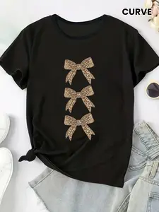 [Leopard Print, Plus Size Tee] Plus Size Leopard Print T-Shirt - Casual Crew Neck, Knit Fabric, Medium Stretch, Geometric Pattern, 95% Polyester 5% Elastane, 180gsm, Spring/Summer Fashion Top