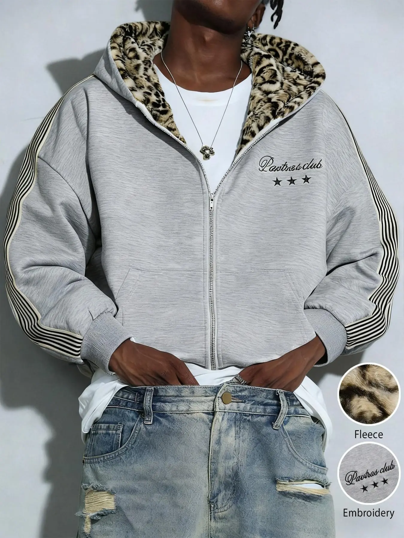 Men's and women's fashion items, plush leopard-print fabric, warm padded short jackets, Hoodie sweatshirt, Fashion hoodies, suitable for spring and autumn, street style, hip-hop/casual fashion, outdoor activities