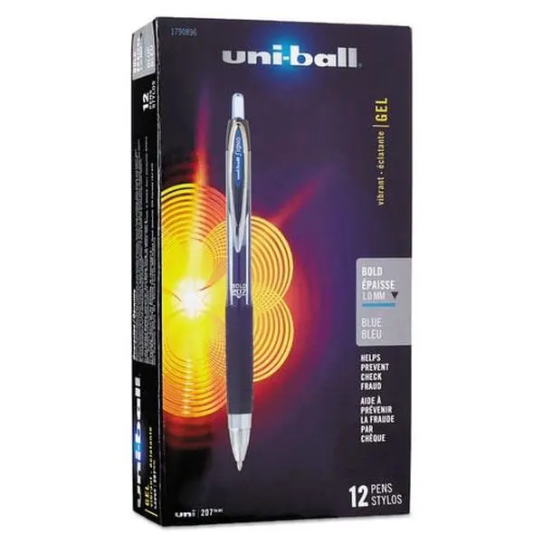 Uni-Ball UBC Signo 207 Needle Point Retractable Gel Pen - 0.7 mm, 1 mm, Blue Ink, Black Barrel, Stainless Steel, Contoured Grip, Refillable, Archival Quality, Dozen Boxed Pack (12 Pens)