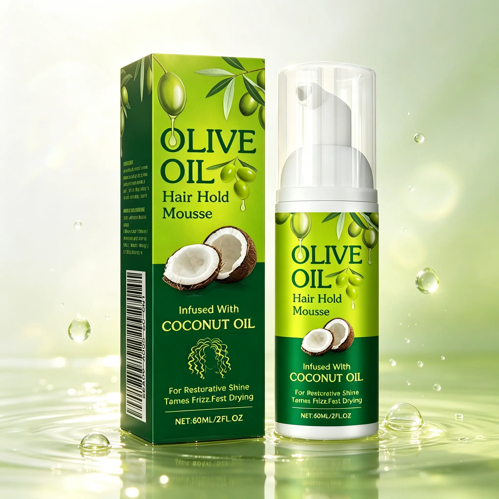 Frizz Control Hair Mousse, 60ml - Olive & Coconut Oil Infused Haircare Styling Mousse for Smooth, Shiny Hair