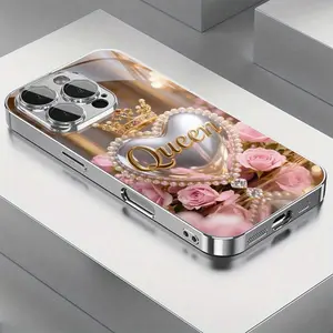 Crown Pearl Heart "Queen" 2D Pattern glass phone case for iPhone Air 17 16 Pro Max 15 14 PLUS 13 12 11 Samsung Galaxy S25 s24 s23 s22 Ultra FE ,Full Body Protections Shockproof Cover Creativity Fashion 11-16 furry soft shell luxury design 2025 creative