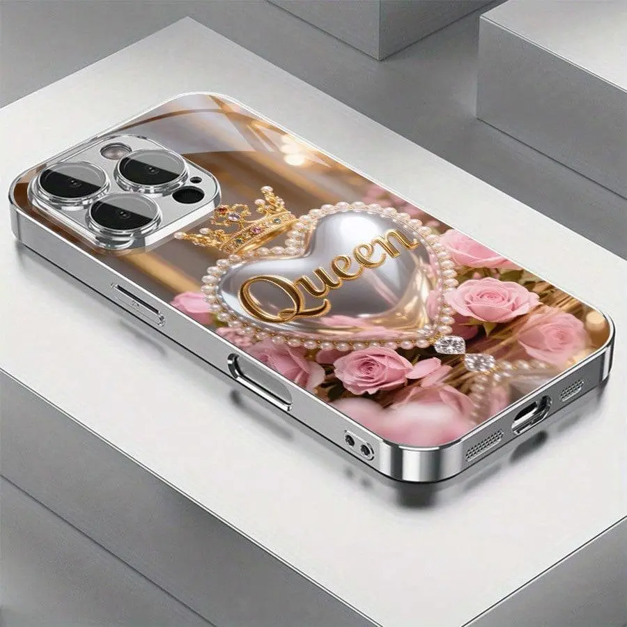 Crown Pearl Heart "Queen" 2D Pattern glass phone case for iPhone Air 17 16 Pro Max 15 14 PLUS 13 12 11 Samsung Galaxy S25 s24 s23 s22 Ultra FE ,Full Body Protections Shockproof Cover Creativity Fashion 11-16 furry soft shell luxury design 2025 creative