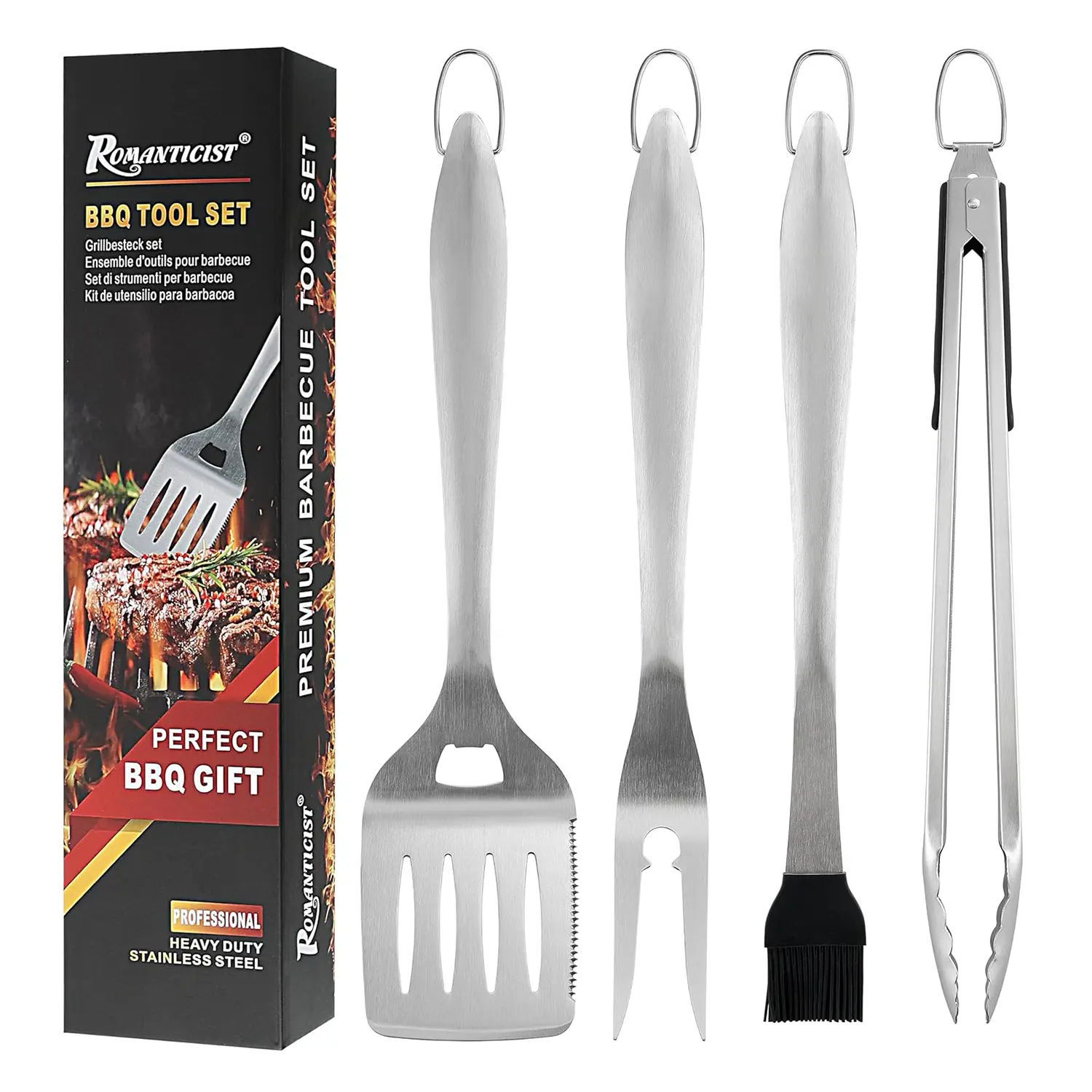 Romanticist Heavy Duty Grill Accessories Set for Top Chef BBQ Tools Stainless Steel Spatula Tongs Fork & Basting Brush Perfect Gift for Dad Utensils Barbecue kitchen gadgets kitchen items grills father's day gift