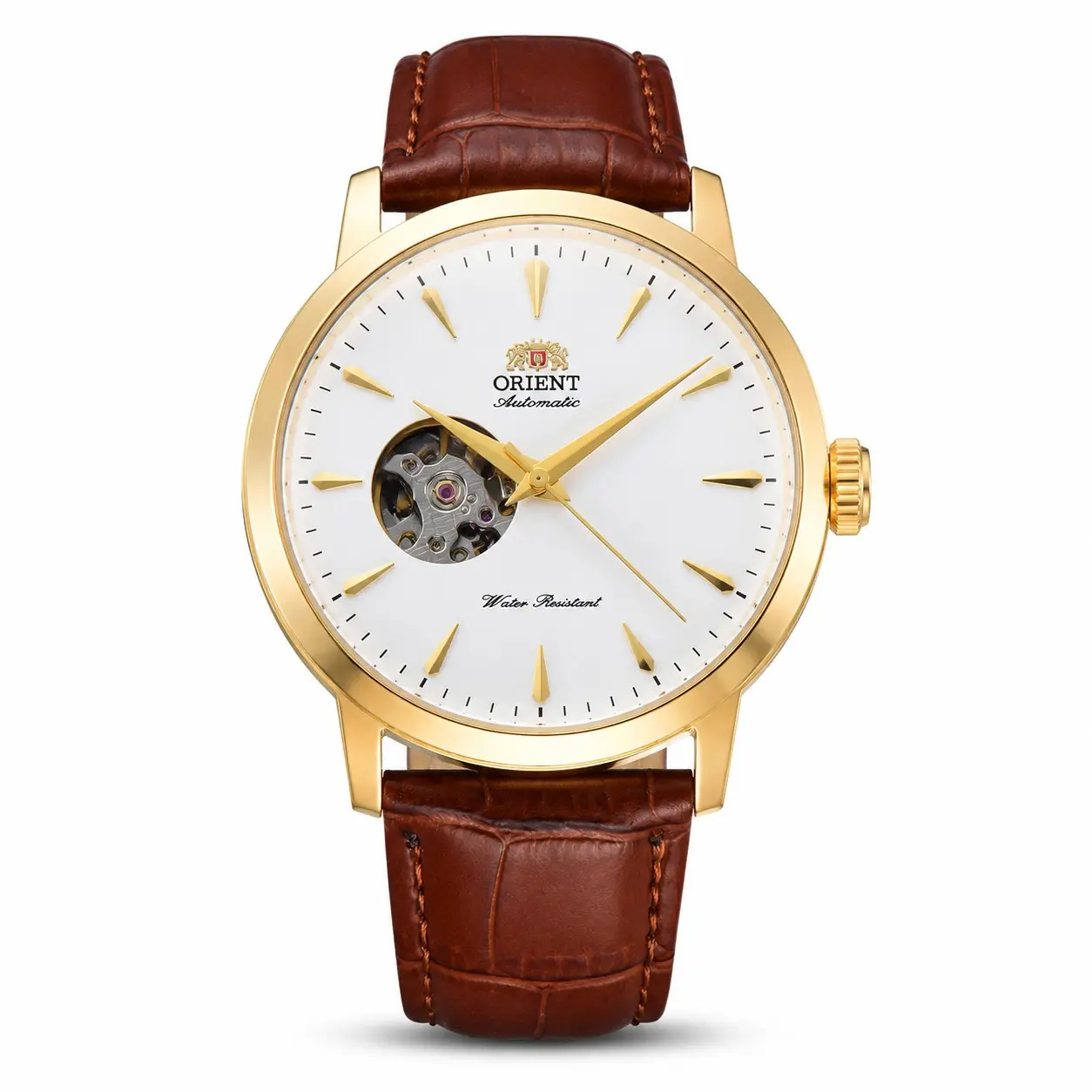 Orient Men Automatic Mechanical Watch Half Skeleton Hollow Dial Golden Case Brown Crocodile Grain Leather Strap Waterproof Minimalist Business Dress Wristwatch Luxury Gentleman Daily Wear Birthday Anniversary Gift