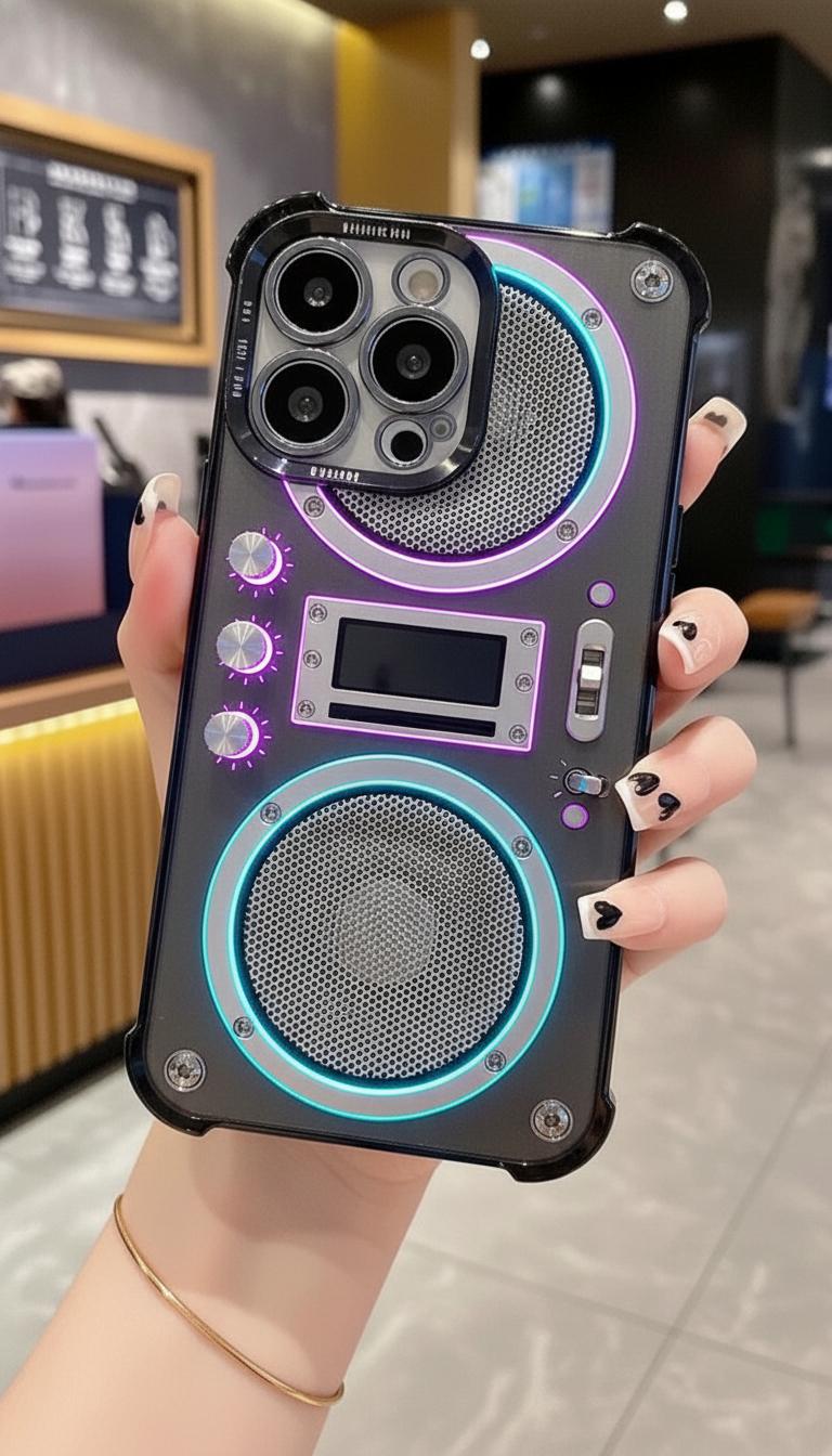 Silver gray trendy phone | Used mechanical style radio phone case suitable for iPhone 17/16/15/14/13/12/11 ProMax transparent airbag anti drop retro sound design protective case with high aesthetic value