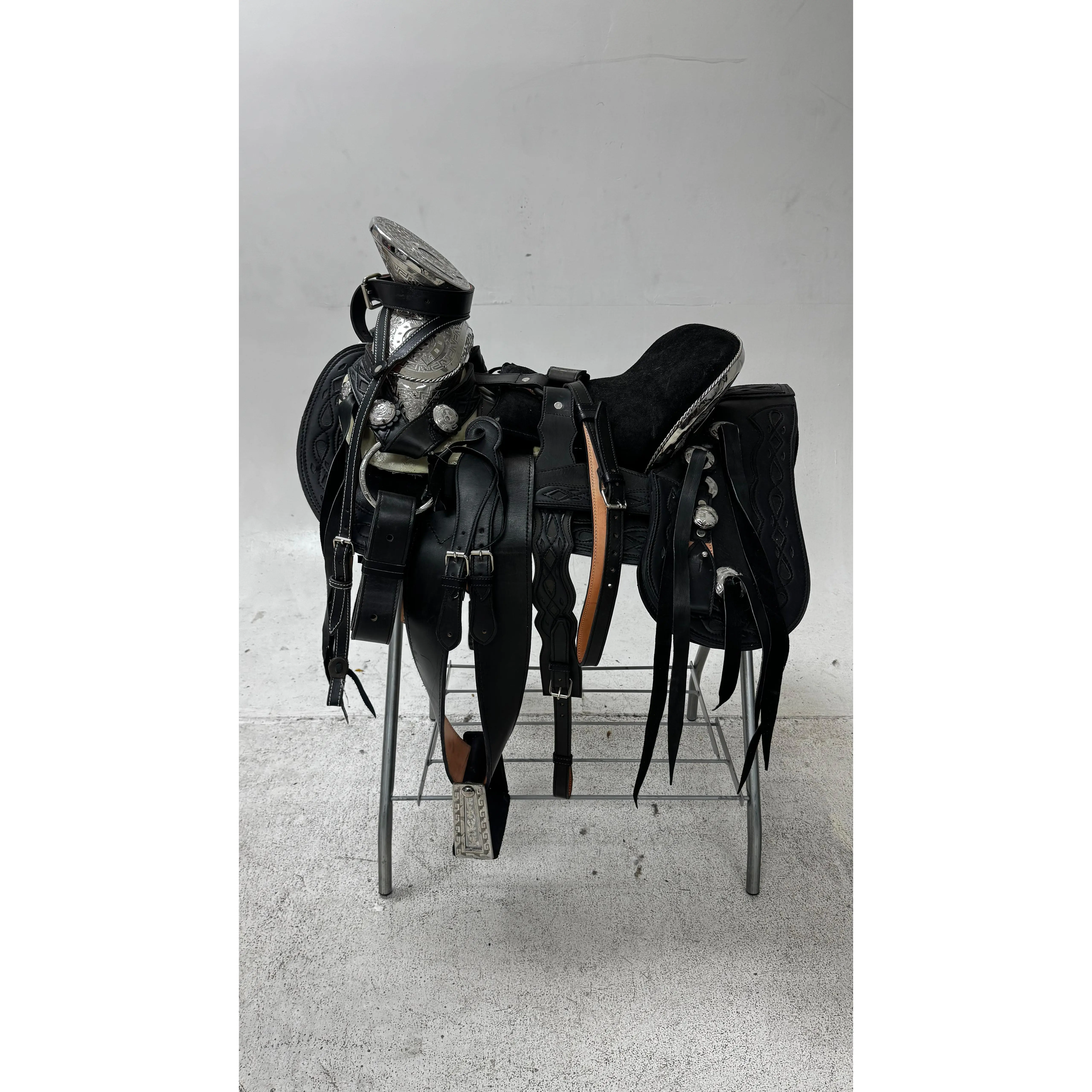 Charro Saddle – All Black/Leather/Silver Engraved Accents (15.5”)