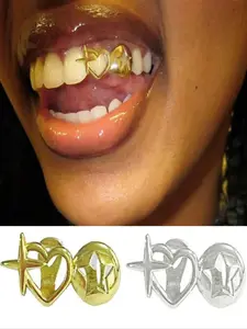 Adjustable Hollow Star & Heart Teeth Grillz Set, Unisex Copper Jewelry for Party, All-Season Accessory, Yb Jewels, Heart Shaped Brackets, Tooth Gems, Teeth Cover Girls