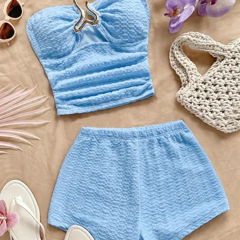 Summer Bohemian Romantic Sleeveless Elastic Knit Crop Top Buckle Two-Piece Set, Women's Fashion Casual Vacation Wear Shorts Set