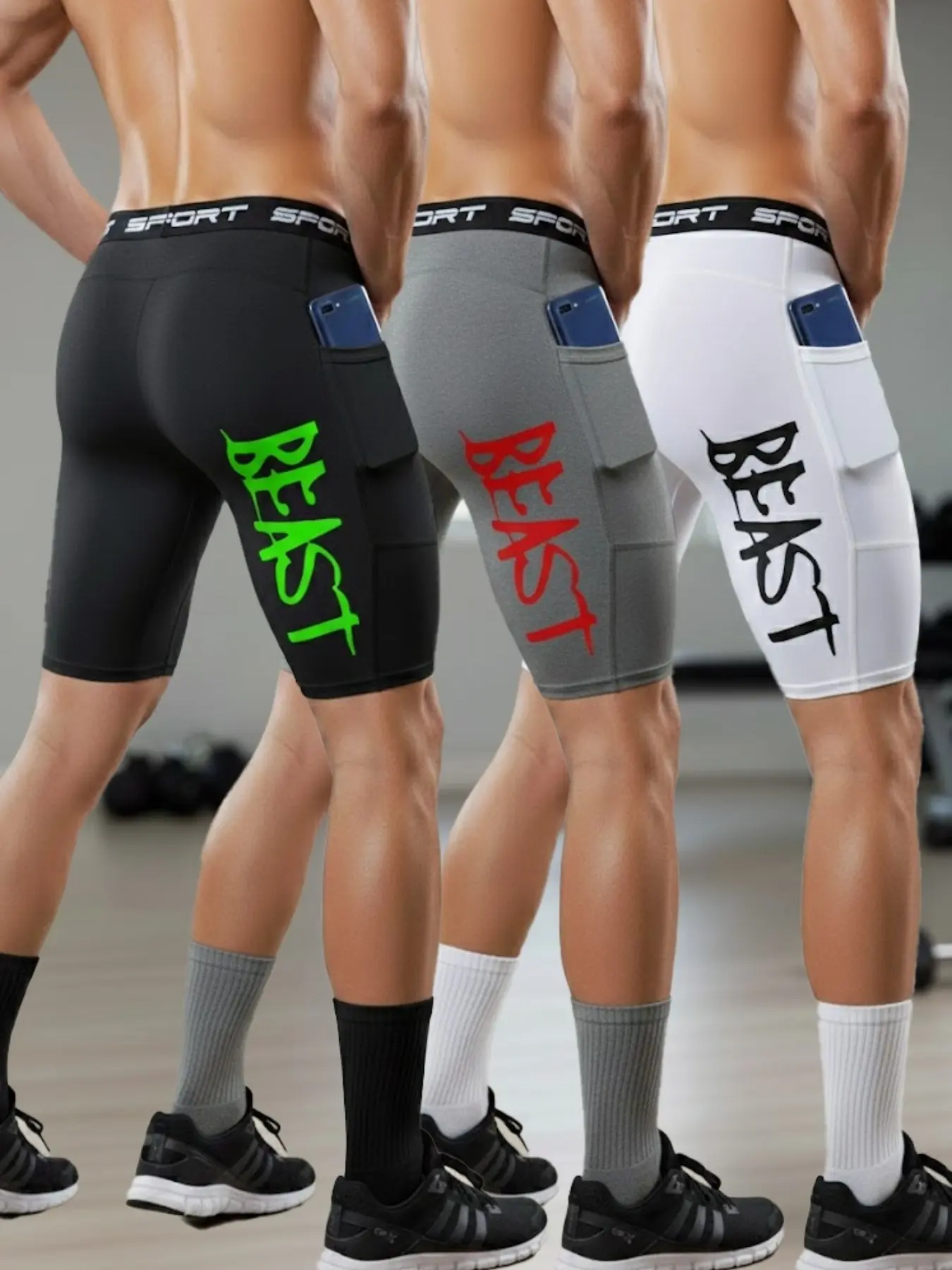 3 Pack Men's Compression Training Cycling Shorts with Pockets, Compression Sports Shorts, Quick Dry High Stretch Performance Shorts for Gym, Running, Fitness Workout and Everyday Active Wear, Black White Gray Set