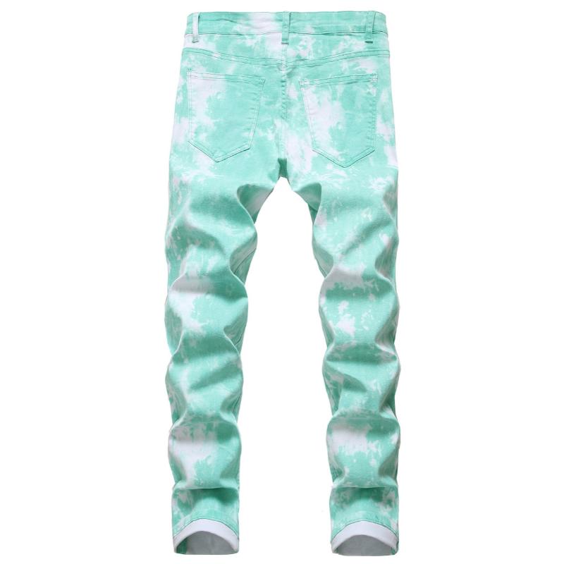 Men's Green Print Slim-fit Casual Jeans Stretch Menswear Spandex Pants Streetwear