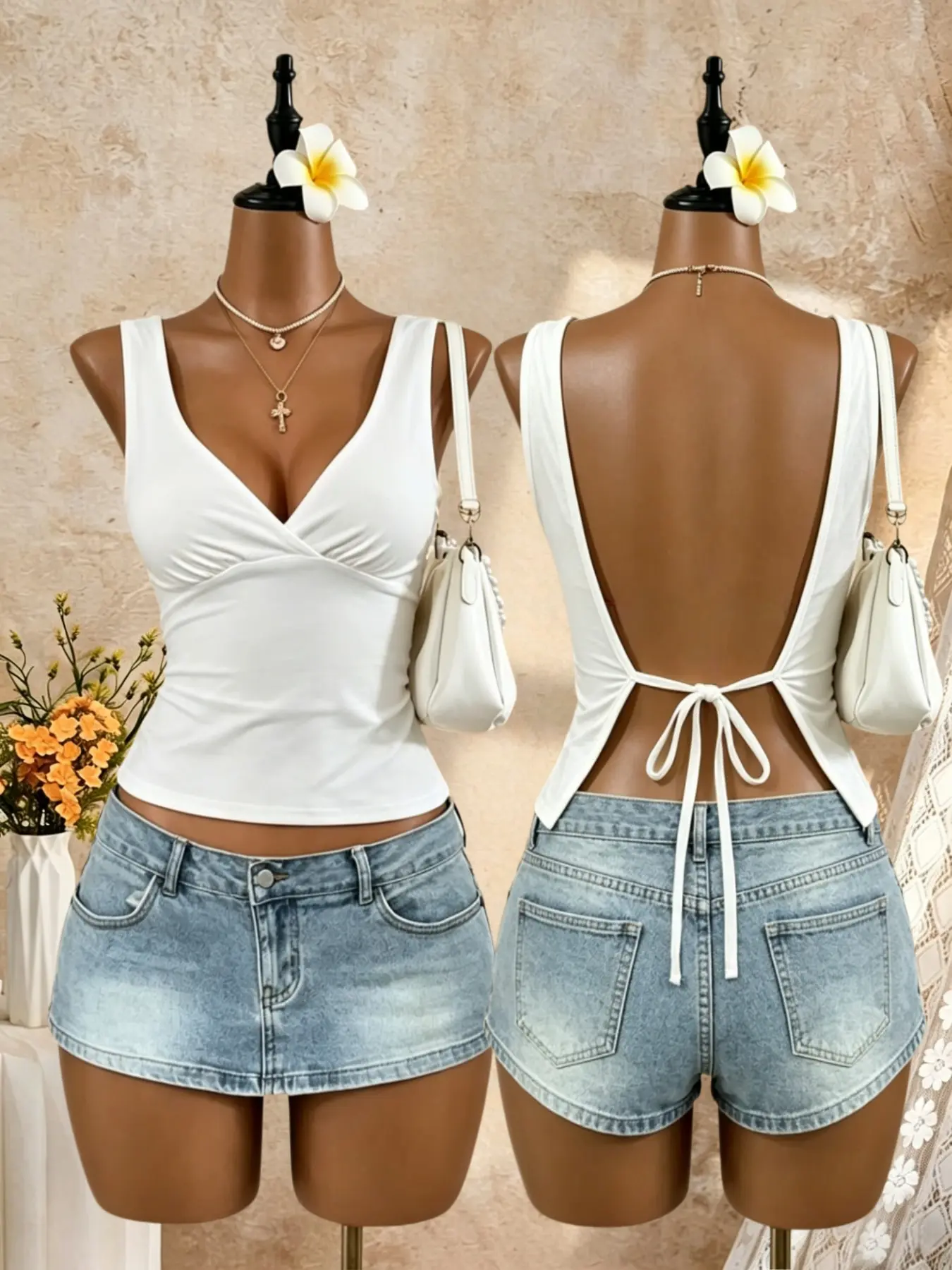 Women's Tie-Back Slim Fit Top, Sexy V-Neck Sleeveless Camisole Vest Tank for Summer Party or Nightclub, Camisole Tank Tops