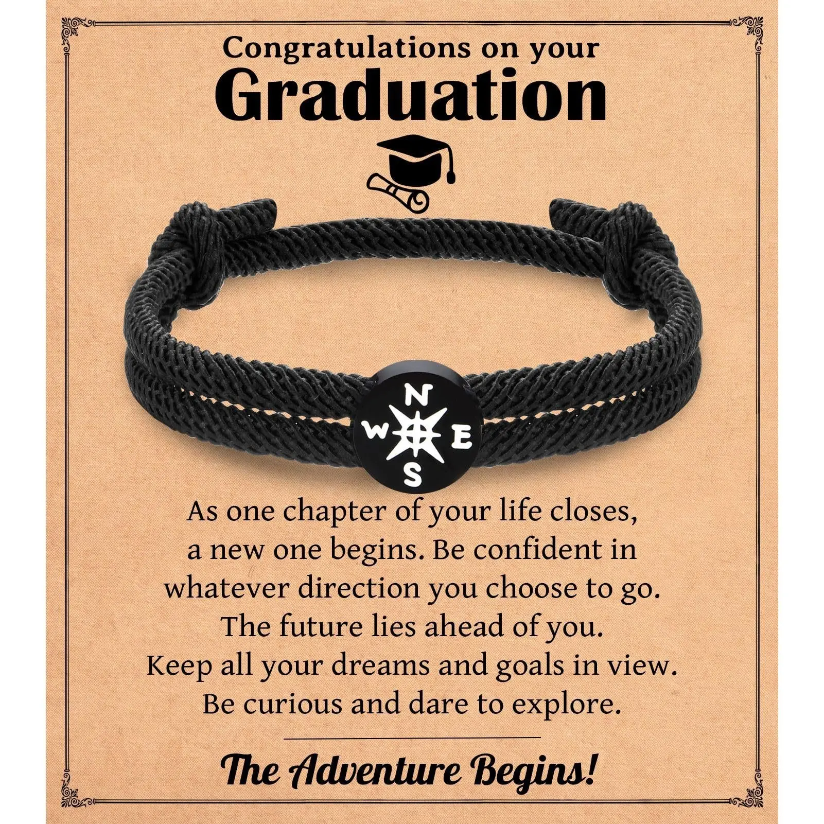 Unisex Graduation Compass Charm Bracelet, Adjustable Black Milan Rope Hand-Woven Inspirational Jewelry with Adventure Begins Quote, Graduation Gifts for High School College Graduates, 5 Themed Message Cards, College Compass Bracelet, No, Nautical