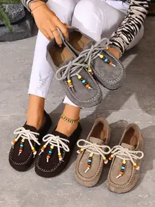 Boho Style Round Toe Slip-On Women's Shoes, Colorful Beaded Decoration, Handmade Stitching, All-Season Casual Footwear
