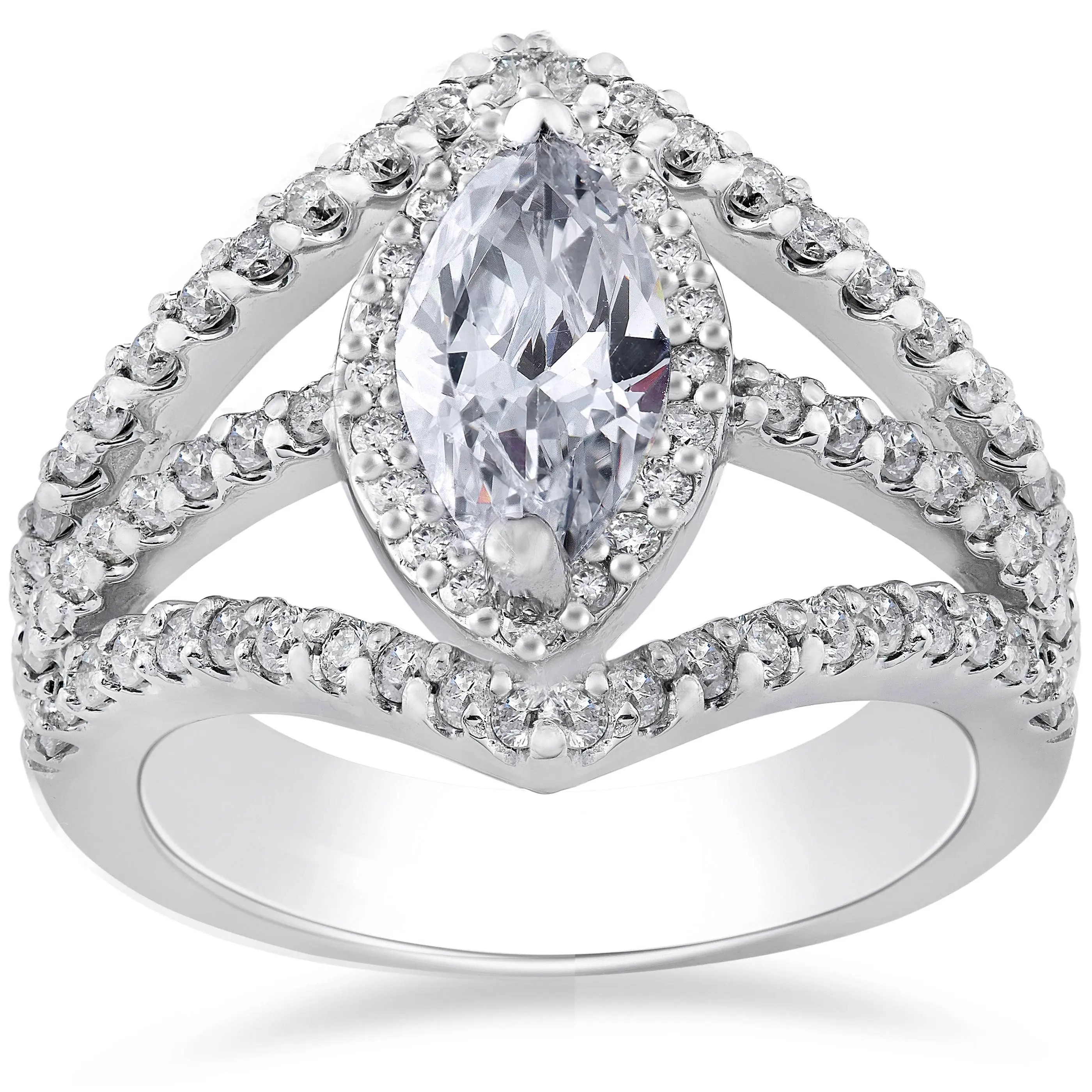 1 5/8ct Marquise Enhanced Halo Diamond Halo Split Engagement Ring 14K White Gold