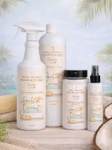 Polished Paradise Co Summer Poolside Coconut Whole-Home Cleaning Bundle | Mop Soap Multi Purpose Cleaner, Room Spray & Carpet Deodorizer