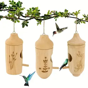 Wooden Hummingbird House, 3 Counts Natural Wooden Hummingbird House, Hummingbird Houses for Outside Hanging, Gardening Gifts Home Decoration