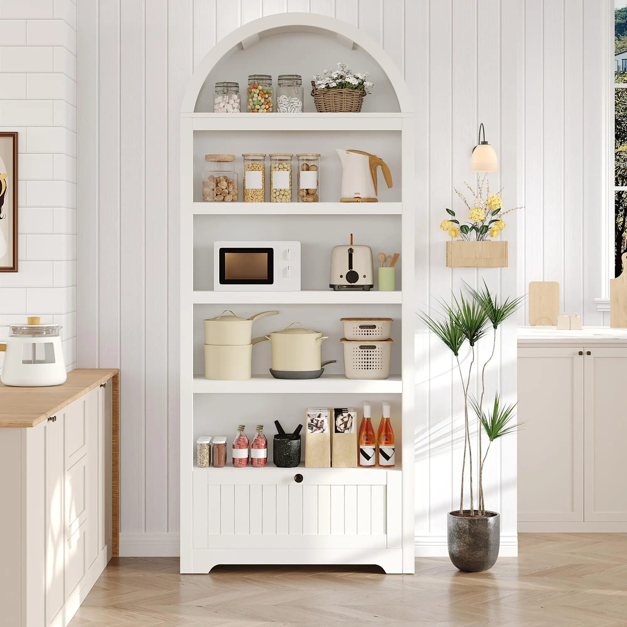 71" Tall Arched Storage Cabinet, 6 Tiers Arch Wooden Pantry Cabinet with Drawer, Adjustable Shelves, Open Display Shelves, Versatile Cupboard Book Shelf for Bedroom, Office, Living Room, White