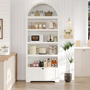 71" Tall Arched Storage Cabinet, 6 Tiers Arch Wooden Pantry Cabinet with Drawer, Adjustable Shelves, Open Display Shelves, Versatile Cupboard Book Shelf for Bedroom, Office, Living Room, White