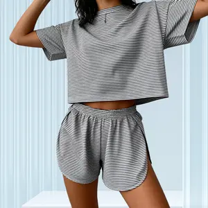 2025 Women's Knit Stripe Pajamas Fall Loose Short Sleeve & Shorts Set Stylish Home Outdoor Wear Comfortable Easy to Match