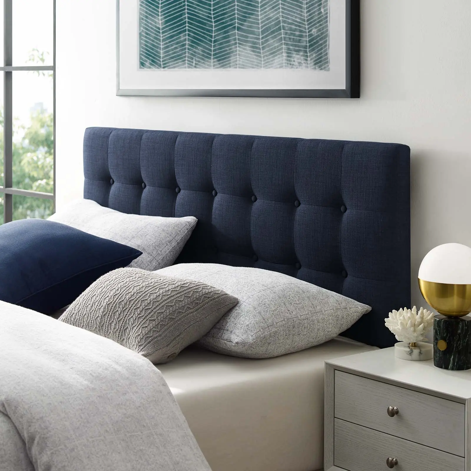 Modway Emily King-Size Button Tufted Upholstered Fabric Headboard, Navy Indoor Furniture Bed Frame Accessory, Button Tufted Headboard