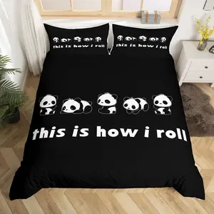 Kawaii Pandas Duvet Cover,Kids Black White Animals Bedding Set,Rock Music Comforter Cover for Boys Girls Room Decor,Cartoon Panda Lightweight Bedspread Cover with (No Comforter)
