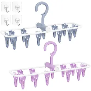 Clothes Drying Hanger with 12 Clips, 2 Pack Folding Portable Hanging Drying Rack,Drip Foldable Hanging Rack, 360° Rotatable Hook for Drying Towels Bras Baby Clothes Gloves Plastic(Blue&Purple)