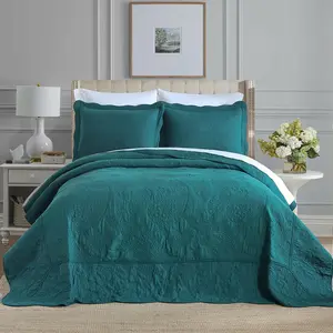 Cotton Green Bedspread Bedding Sets Queen Size, 3 Pieces Reversible Comforters with Ruffle Edge Coverlets for All, Paisley Floral Stiching Pattern,Turquoise, Queen Size