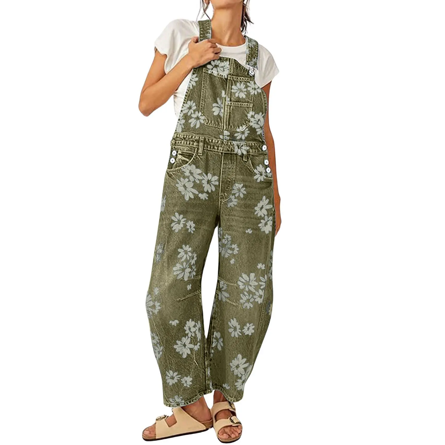 Chouyatou Women Y2K Floral Patchwork Denim Overalls Baggy Barrel Wide Leg One Piece Jumpsuit with Adjustable Straps Chouyatou Women Y2K Floral Patchwork Denim Overalls Baggy Barrel Wide Leg One Piece Jumpsuit with Adjustable Straps