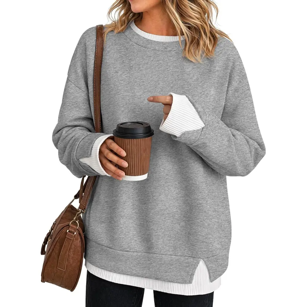 EncoLax Women's Fake Two Piece Layered Sweatshirt Hoodie Crew Neck White Ribbed Cuff & Hem Patchwork Drop Shoulder Oversized Long Sleeve Pullover Top Hoodie Fit Casual