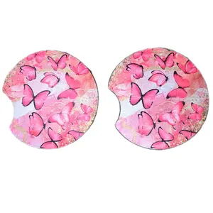 Pink Butterfly Car Coasters - Absorbent Coasters for Cup Holders (2 Pack)