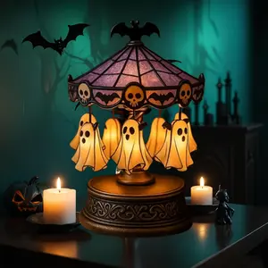 Carousel Night Light- Halloween Decoration with Floating Ghosts and Purple Painted Glass, USB Rechargeable LED Retro Desk Lamp, Suitable for Fireplace, Halloween, Fireplace Decoration, Handmade Decoration, Decorative Night Light, Home Decor