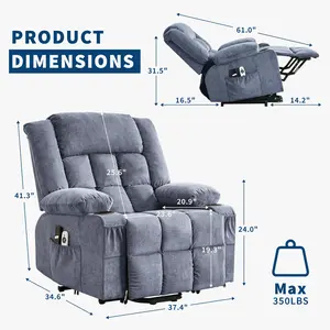 Wide Power Lift Recliner Chair with Massage and Heat for Elderly,Electric Lift for Standing Oversize Single Sofa with Cup Holders Side Pocket USB Port and Remote Control,Blue