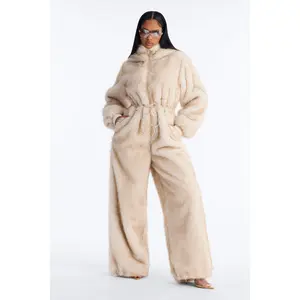 Cuddled Up Faux Fur Hooded Jumpsuit - Beige