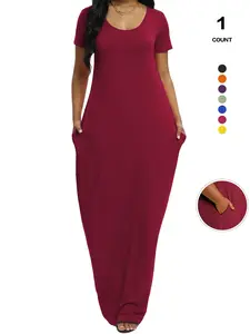 Women's Short Sleeve Maxi Dress, Scoop Neck Loose Fit, Long Nightgown Nightwear with Pockets, Soft Comfy Basic Everyday Loungewear for All Seasons