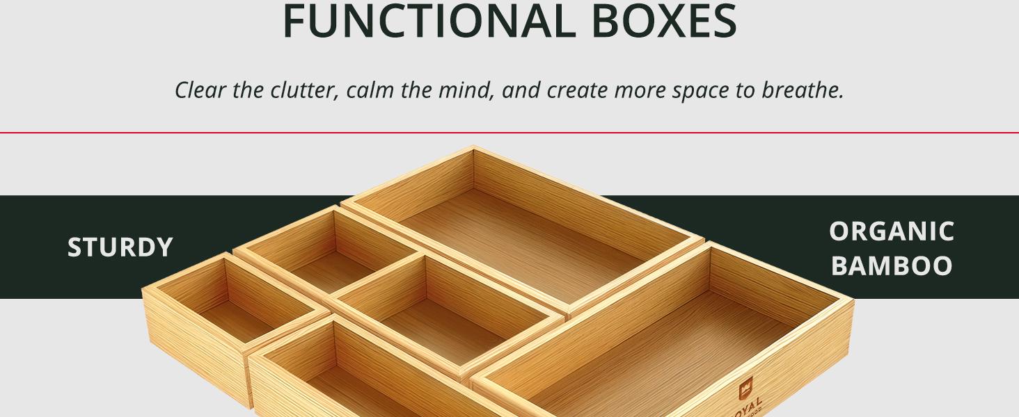 5-Piece Bamboo Drawer Organizer Set – Multi-Use Trays for,, Office, Makeup, Jewelry & More – Junk Drawer Tray, Utensil Holder, Box & Bin Set (5 Boxes)
