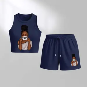 Women's Encouragement: You Can Do It Print Sleeveless Tank Top And Drawstring Shorts Set, Casual Summer Sportswear Two Piece Outfit, Ribbed Knit Tank And Shorts Set For Everyday Wear