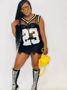 Jersey Dress - Straight Sleeveless Lace V-Neck Mini Dress with Number 23 Design and Bold Graphics