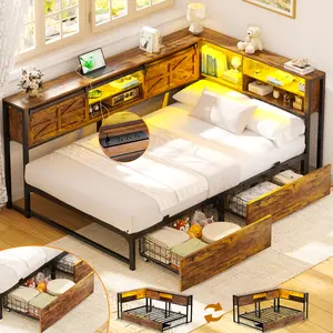 Corner Bed Frame with 2 Drawers, Farmhouse Heavy Duty Daybed with Bookcase Storage, Reversible Metal Platform Bed Frame with LED & Charging Station for Teens Bedroom Guest Room, Rustic Brown