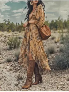LN1609 Autumn New Style Western Countryside-Inspired Bohemian Floral Deep V-Neck Asymmetrical Resort Casual Wear Maxi Dress