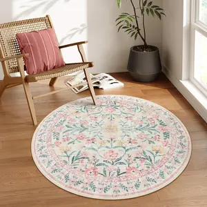 Round Floral Pattern Rug, Non-slip Soft Floor Mat, Decorative Carpet for Home Living Room Bedroom, Foldable Design Rug for Indoor, Washable Floral Rug
