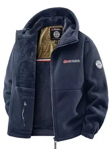 Men's Hooded Casual Fleece Jacket Coats with Zipper, Embroidered Letter Design, Comfortable Knit Fabric for Fall & Winter, Stylish Outdoor Sportswear