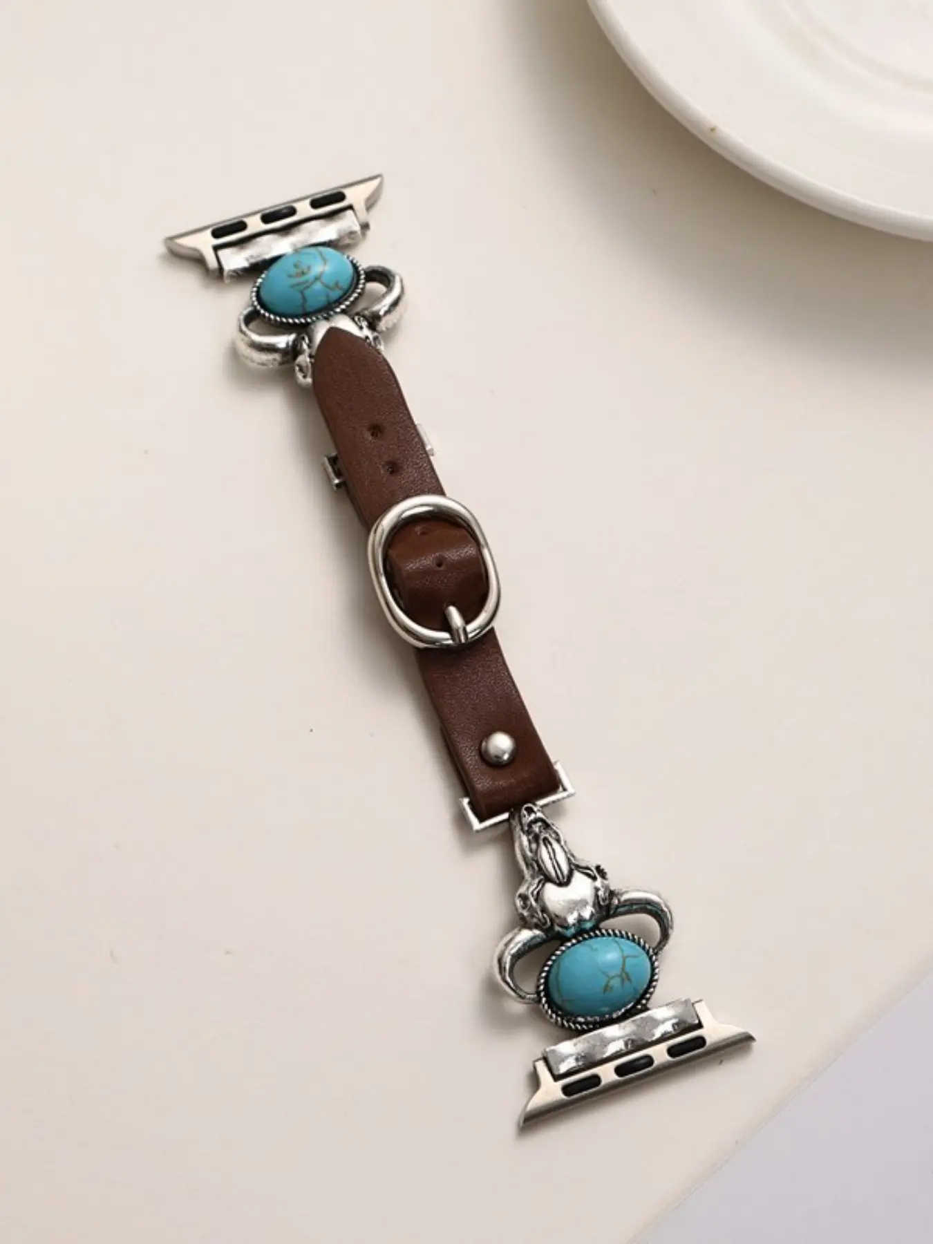 Vintage Bohemian Watch Strap, Premium Leather with Turquoise Inlay, Fits Multiple Iwatch Models, Western Cowboy Style, Unique Personality, Smart Watch Accessories, Smartwatch Accessories