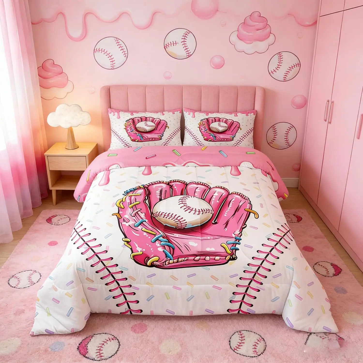 Ice Cream Drip Baseball Comforter Set,Baseball Ice Cream Pink Bedding Set,Sports Gaming Down Comforter for All Season Room Decor,,No Sheets