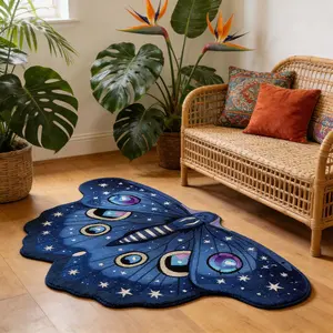 Dreamy Starry Blue Moth Carpet, Vintage Butterfly Insect Mat, Soft Comfortable Plush Rug for Bedroom Living Room Bathroom