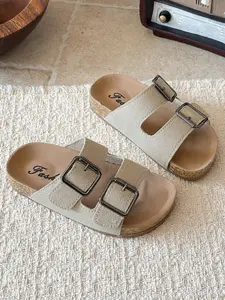 Retro Casual Sandals, Dual Buckle Design, Simple Style, Suitable for Home and Summer Outdoor Wear, Kids' Comfortable Footwear